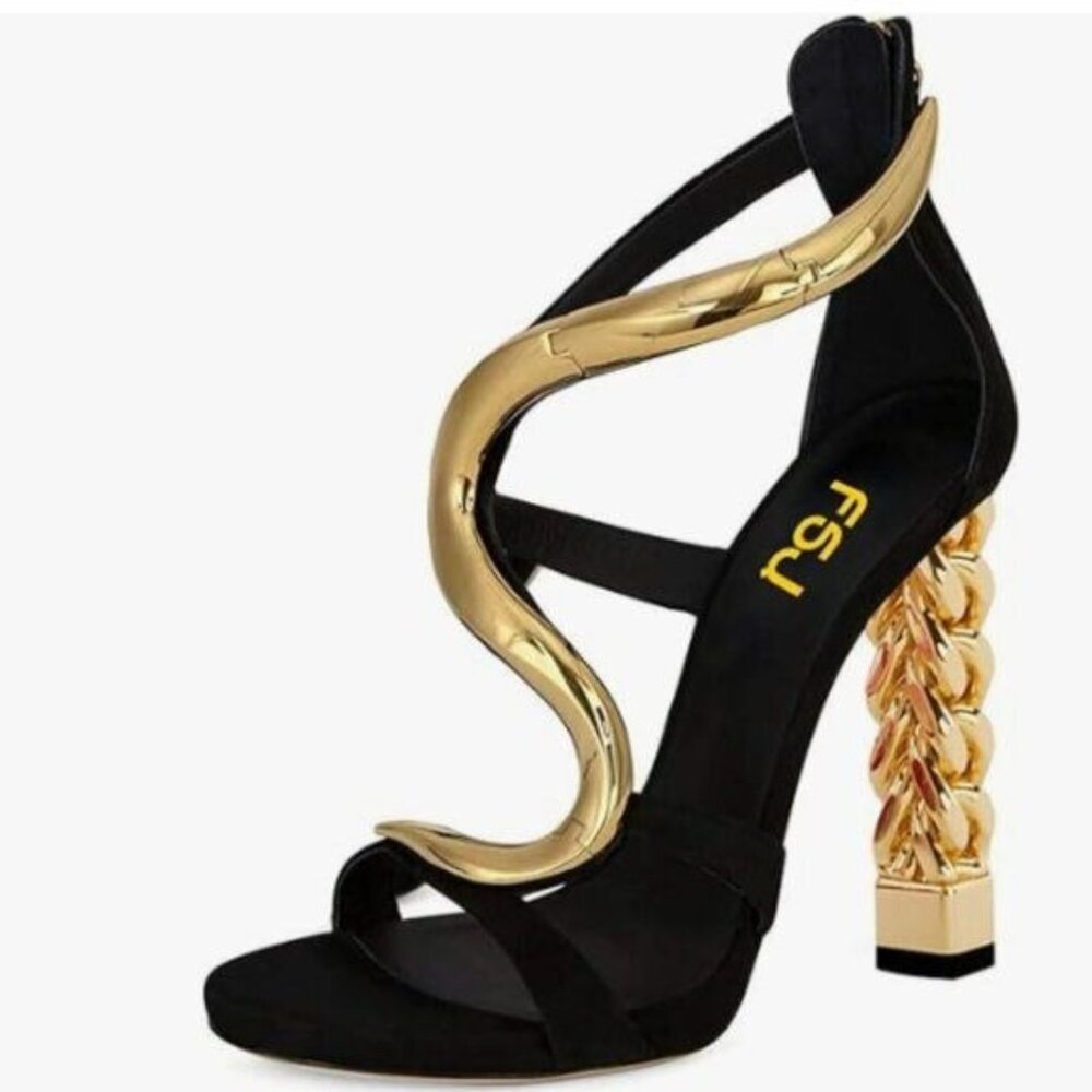 FSJ Black Gold Metal Chain Chunky High Heels Ankle Strap Sandals Open Toe Shoes